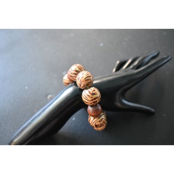 Artisan Hand-Painted Wood Bead Bracelet | Earthy Boho Chic (7") - Picture 1 of 8